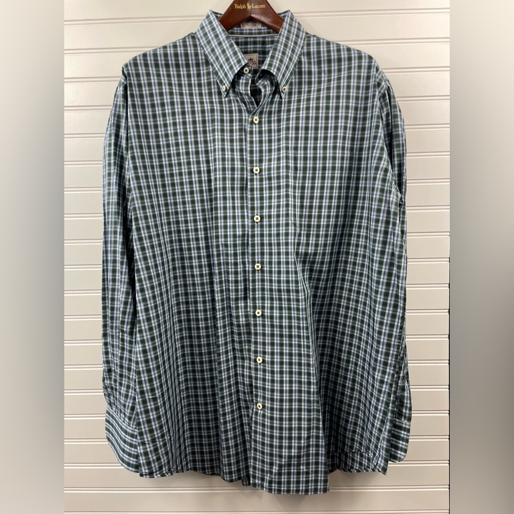 Peter Millar golf button down long sleeve navy/green/white shirt, size XL